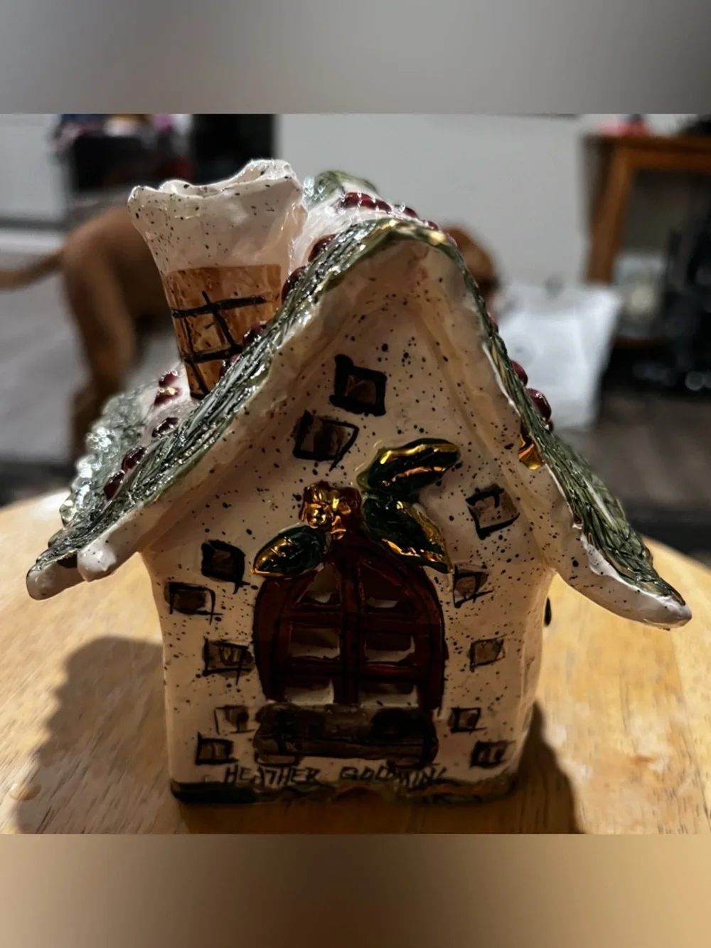 Blue Sky Heather Goldminc Christmas Cottage Tealight House Holly Berry Vintage